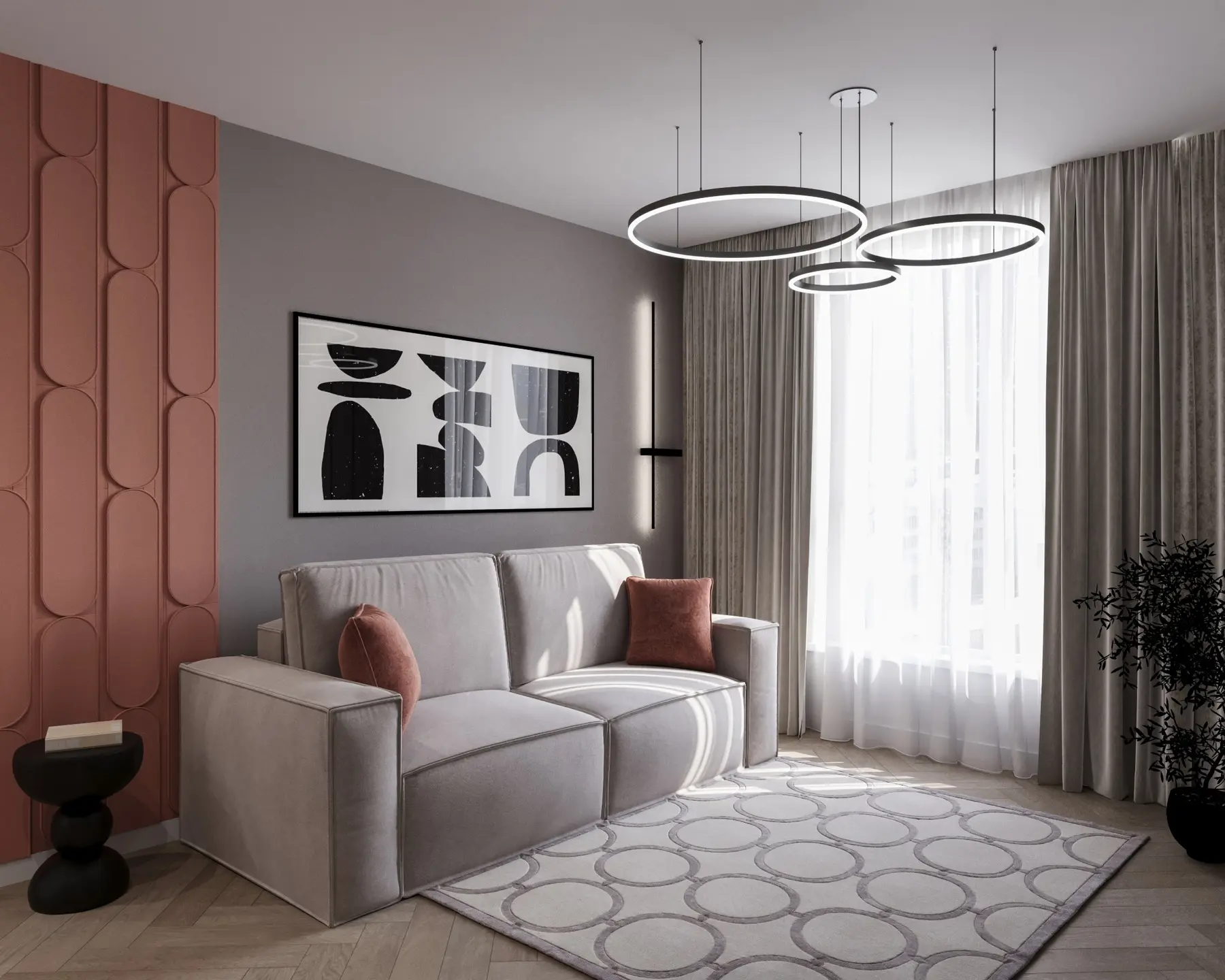 Визуализация гостиной квартиры 75,83 м² в ЖК «Стрижи Сити», Иркутск