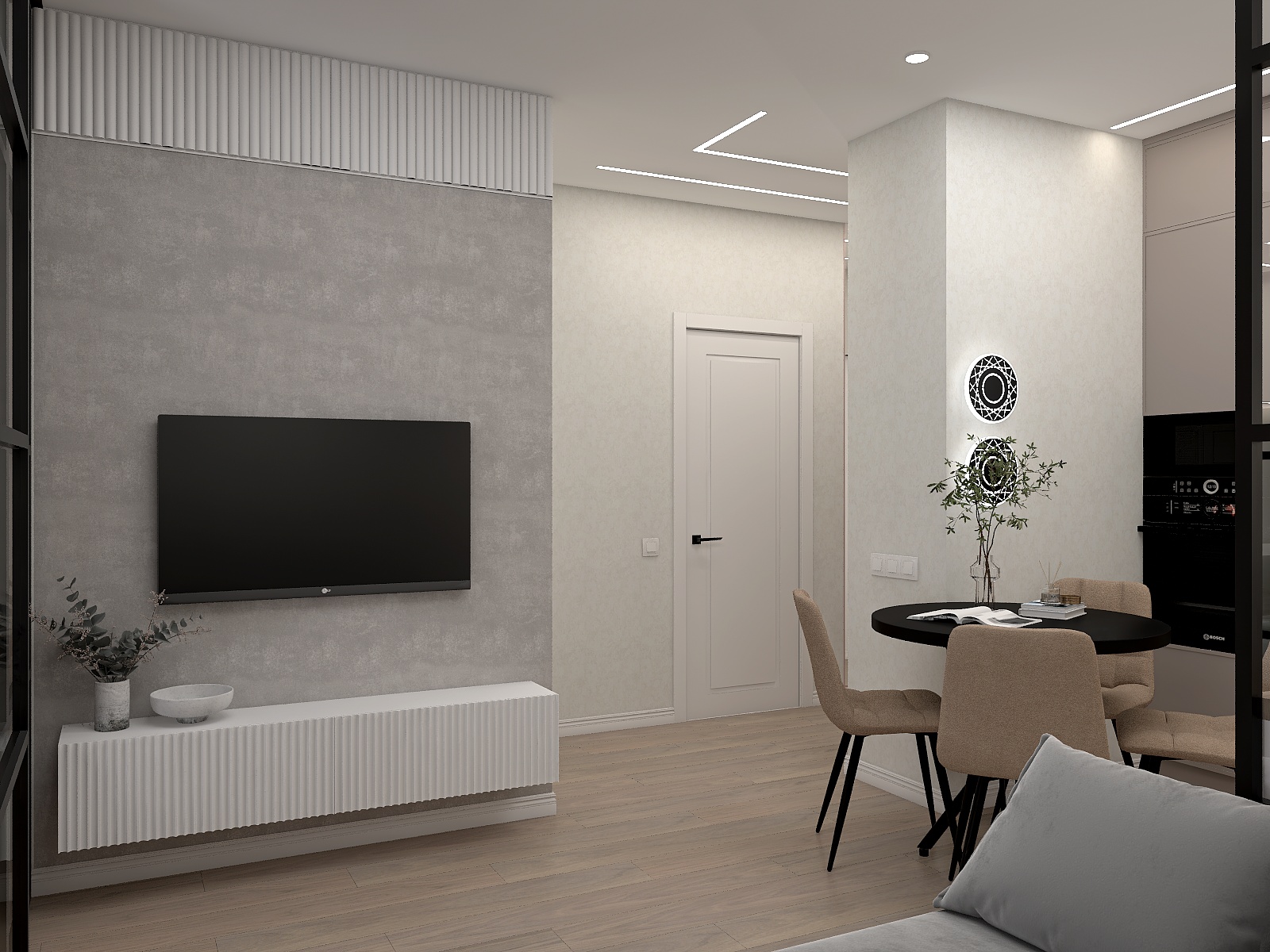 Визуализация кухни-гостиной квартиры 42,98 м² в ЖК «Стрижи», Иркутск